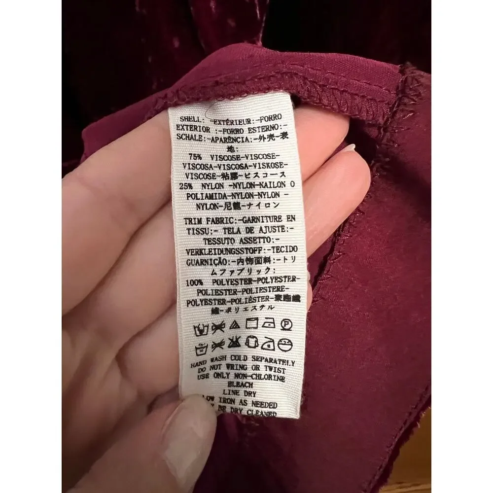 Free People Women's Choose Me Velvet Mini Dress Burgundy Babydoll Boho Size M